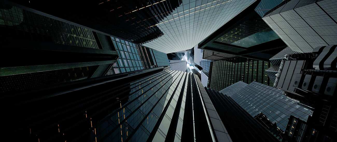 looking up at tall buildings in Hong Kong